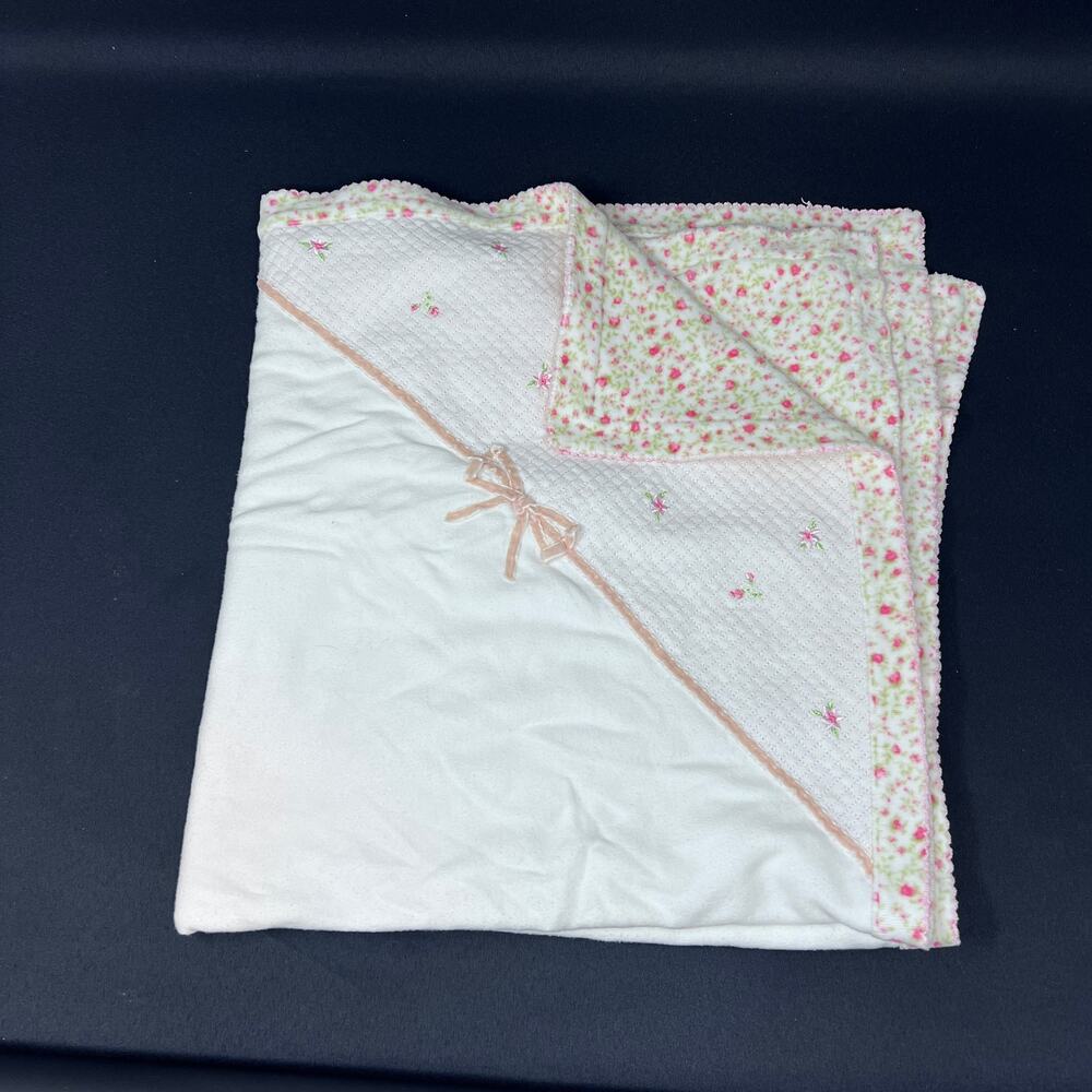 Little‎ Me Floral Blanket Reversible Velour Bow White Pink Receiving Lovey Throw